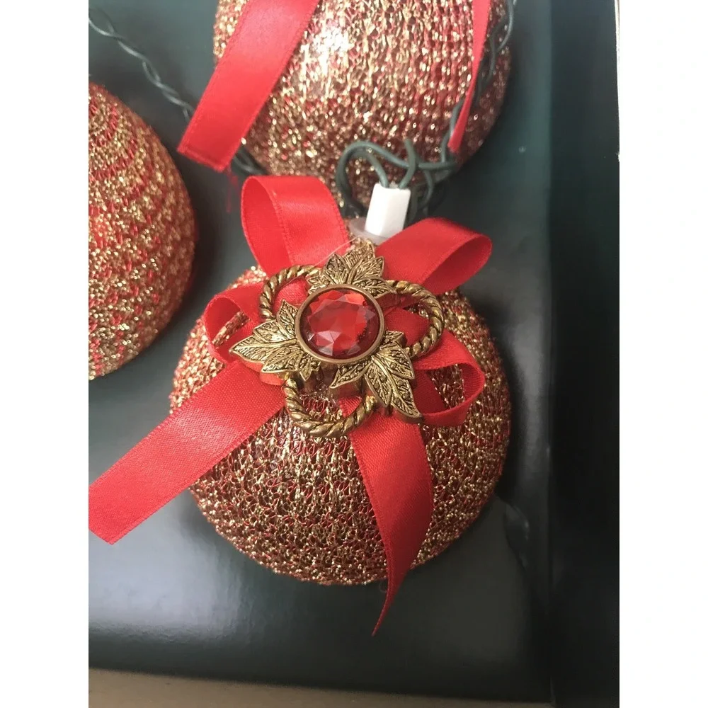 Vintage Christmas‎ String Lights Ornaments Red Ribbon & Gold Accents